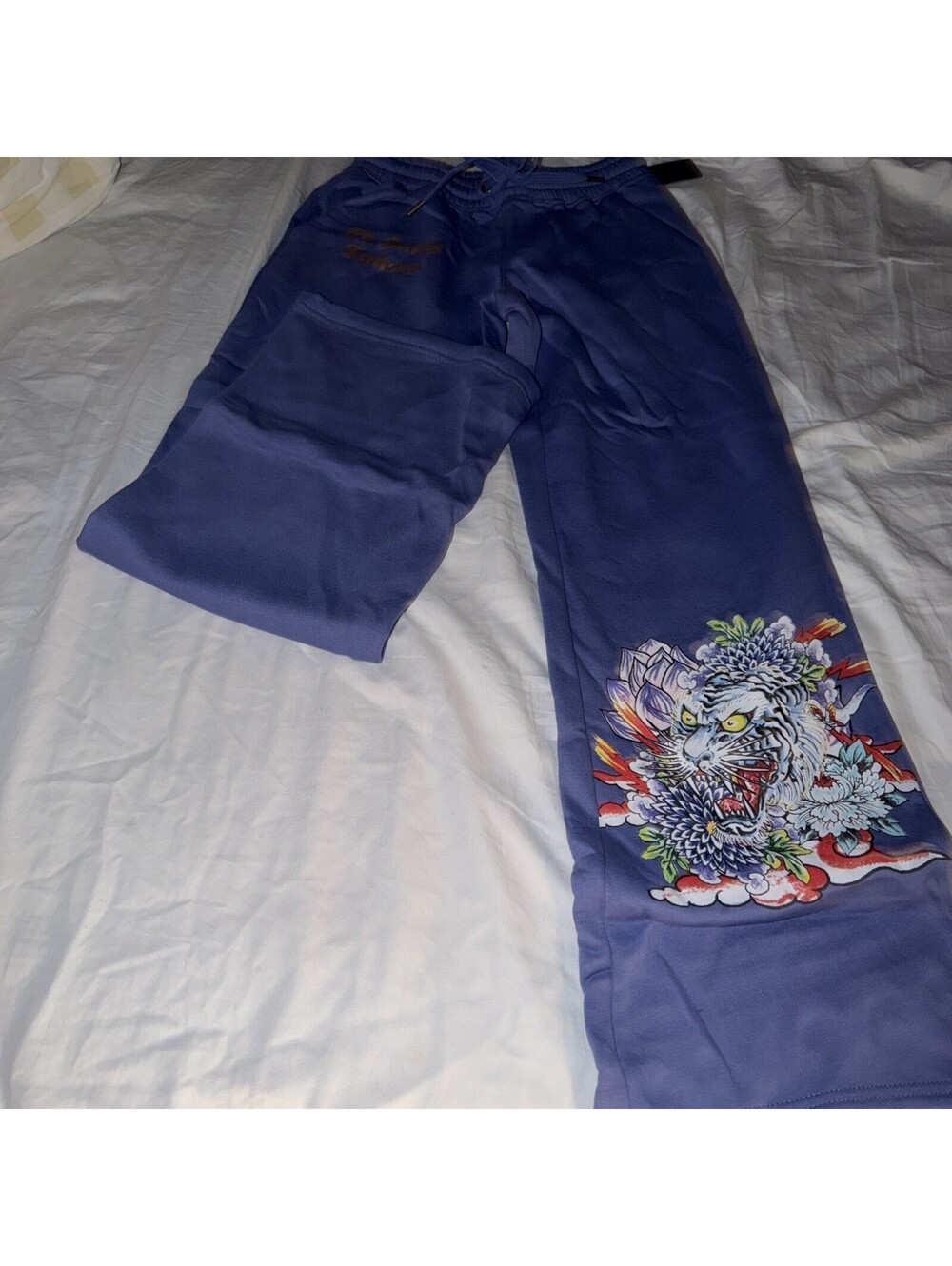 ED HARDY WOMENS LOTUS FLOWER FLARE SWEATPANTS, COTTON/POLY, COBALT, NWT Small